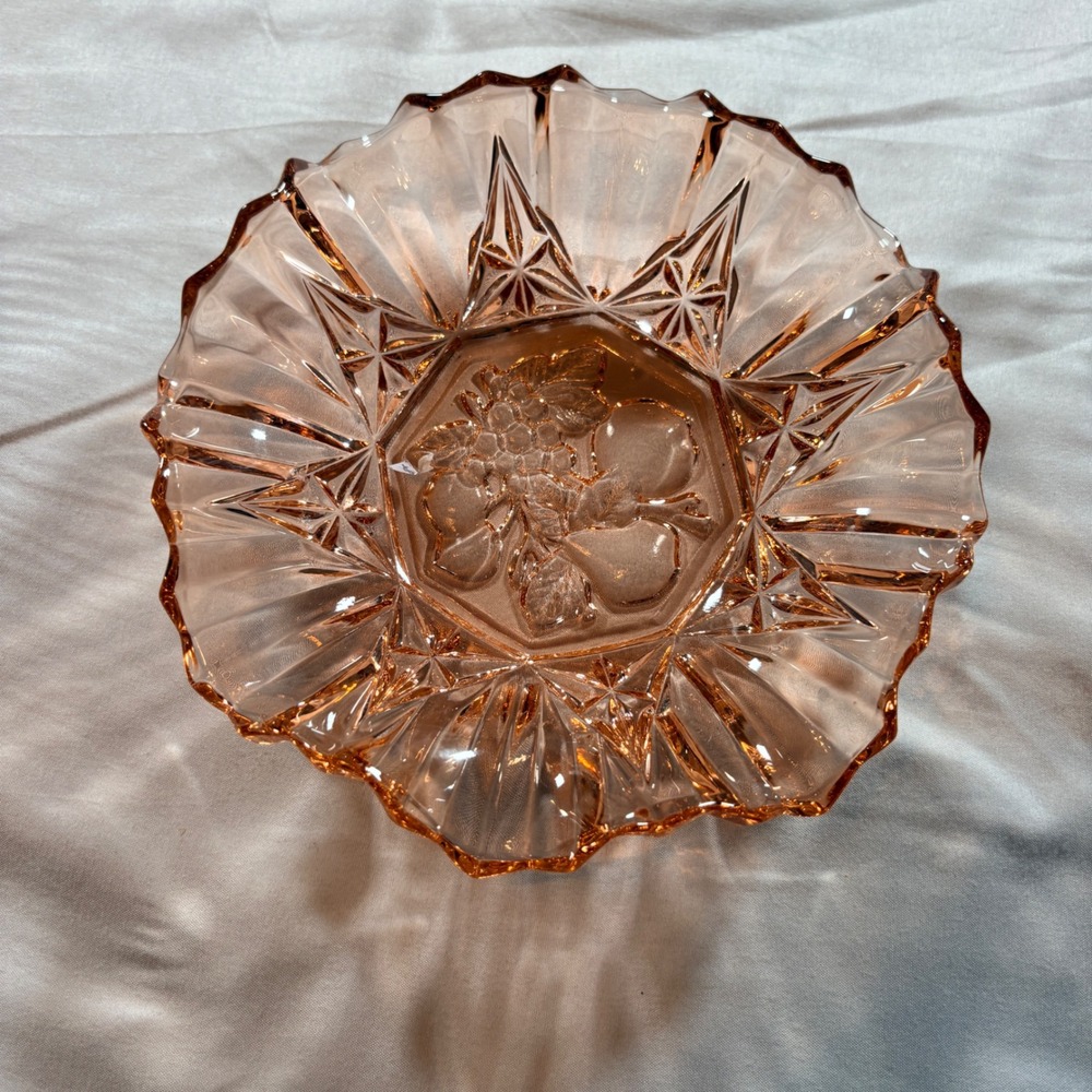 Vintage Pink Depression Glass Ruffled Fruit Bowl Grapes Pears 8.5 Inch